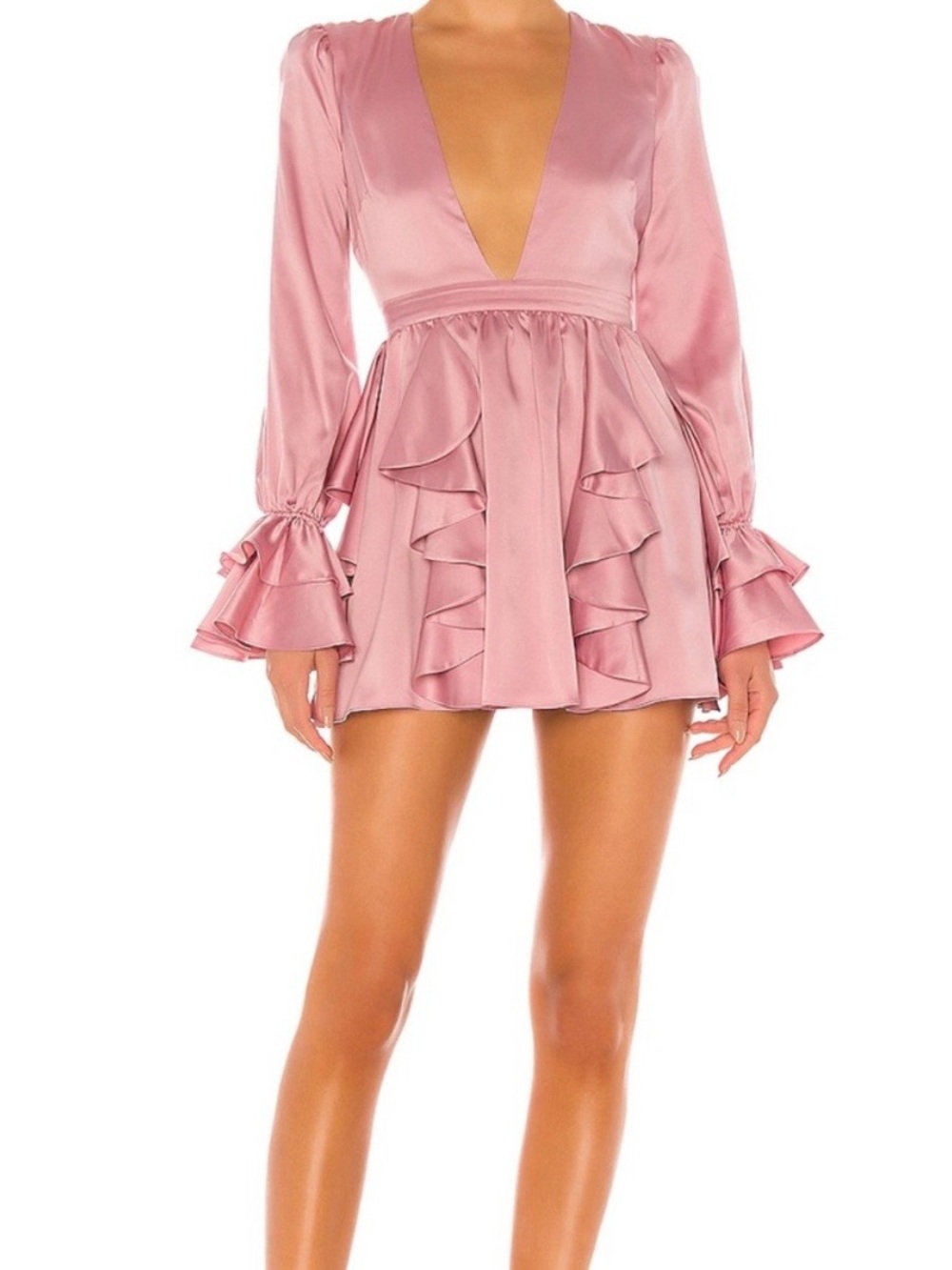 Deep V Dusty Rose Pink Ruffle Satin Mini Dress by Michael Costello X Revolve